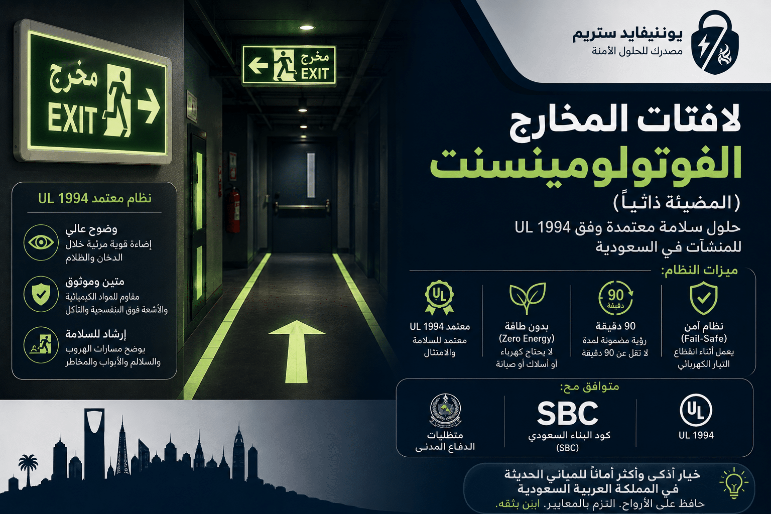 علامات مخارج الطوارئ المضيئة ذاتياً في السعودية علامات مخارج الطوارئ المضيئة ذاتياً المعتمدة من UL 1994 للمنشآت السعودية